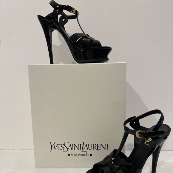 YVES SAINT LAURENT RIVE GAUCHE TRIBUTE PLATFORM SANDALS IN BLACK PATENT LEATHER - Picture 3 of 6